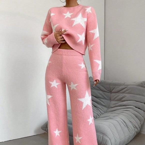 . Sweaters - Pink Casual Womens Star Pattern Sweater & Knit Pants